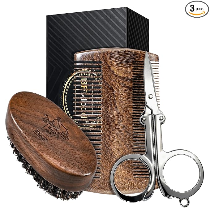 BFWood Mens Beard Brush Comb Kit, Small Travel Beard Set - Natural Boar Bristles With Black Walnut Wood, Grooming Sandalwood Mustache Comb, Mustache Trimming Sissors With Storage Bag