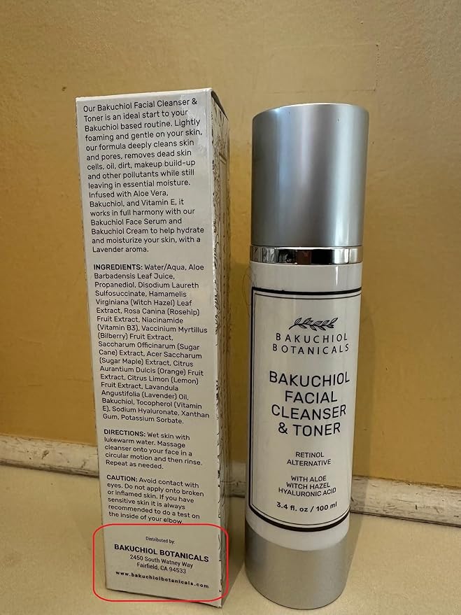 Bakuchiol Botanicals Skin Cleanser & Toner - pH Balanced - Effortlessly Removes Makeup - Gentle On Sensitive Skin - Brightens & Evens Skin Tone - Firms, Tightens & Hydrates - Spa Quality - 3.4oz