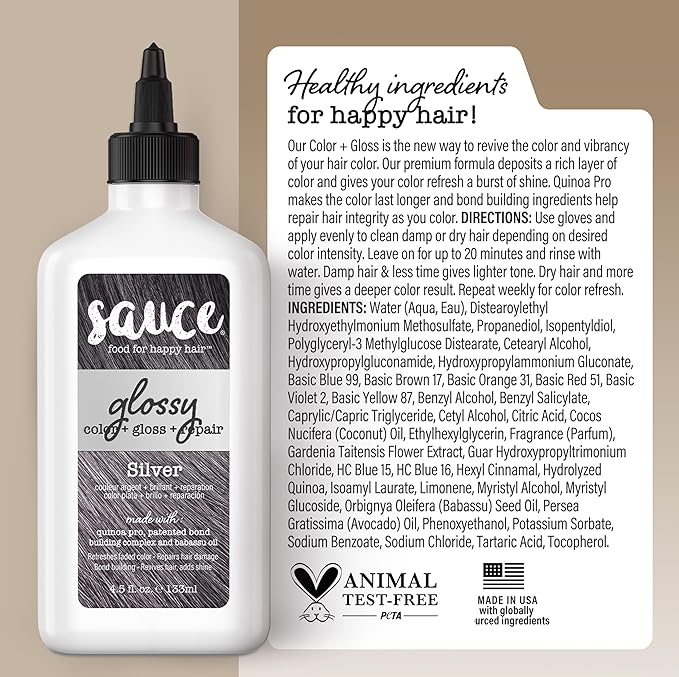 Sauce Beauty Glossy Color + Gloss + Repair, Silver, Semi Permanent Hair Dye with Bond-Building and Color-Fade Protection Technology, Adds Shine & Deep Moisture, Lasts 4-8 Weeks, Stops Fade