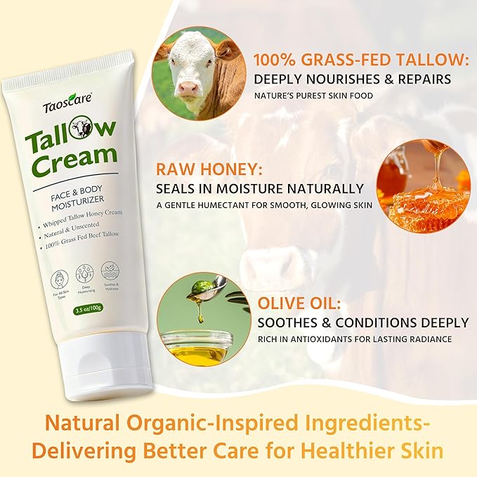 Beef Tallow for Skin, 100% Grass-Fed Whipped Tallow Balm Tube Organic Moisturizer for Face & Body Deep Hydration for Dry & Sensitive Skin Natural Tallow Cream