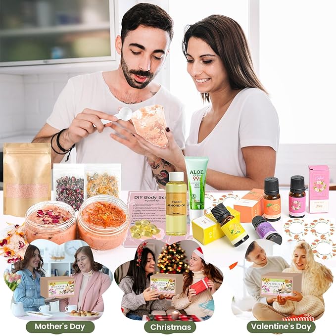 JUYRLE Body Scrub Making Kit- DIY Pink Salt Body Scrub Kit with Almond Oil, Essential Oils, Moisturizing and Exfoliating Dry Skin Hand Foot DIY Organic SPA Kit Gifts For Women & Men