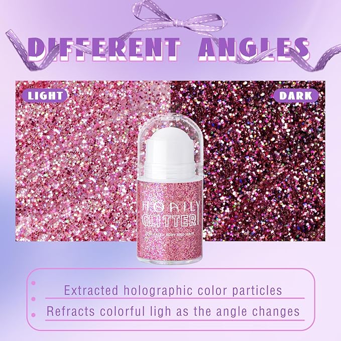 HOSAILY Roll-on Holographic Body Glitter Gel for Face Hair, Chameleon Color Changing Glitter Gel Under Light, Chunky Mermaid Sequins Festival Party Rave Accessories Shimmer Makeup (Pink)