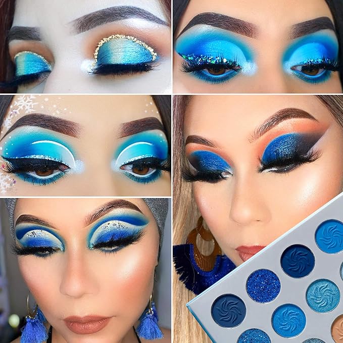 DE'LANCI Space Blue Eyeshadow Palette 15 Color Cosmetics Pressed Pigment Christmas Snowflake Eye Shadow Pallete Matte Shimmer Glitter Drama Makeup Eye Shadow Powder Long Lasting Blue Makeup Pallet
