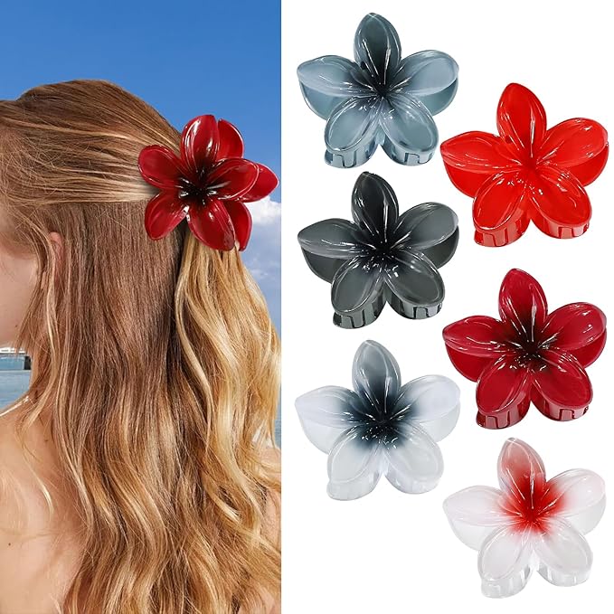 CHANDAT Flower Hair Clips 6 PCS Hawaiian Claw Clips for Vacation Hibiscus Hair Claw Clips Cute Large Hair Clips for Thick and Thin Hair Plumeria Hair Accessories for Women Girls -Dark Color