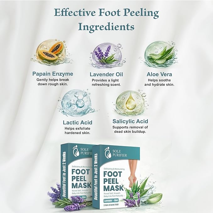 Foot Peel Mask 2 Pack, Exfoliating Foot Mask for Dead Skin & Callus Removal, Peeling Treatment with Lactic Acid, Aloe Vera & Lavender, Smooth Soft Feet at Home for Men & Women