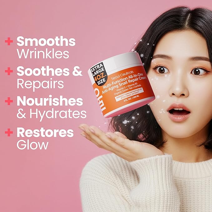 SeoulCeuticals Large 4oz 97.5% Snail Mucin Moisturizer Cream Korean Skin Care Day & Night Snail Repair for Face - K Beauty Anti Aging Facial Skincare