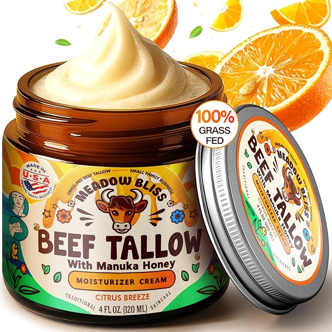 Meadow Bliss Beef Tallow for Skin - Moisturizer Cream - 100% Grass Fed - Whipped Beef Tallow - Manuka Honey - Organic Jojoba Oil, Shea Butter - Supports Eczema, Rosacea - USA - Citrus Breeze - 4 oz