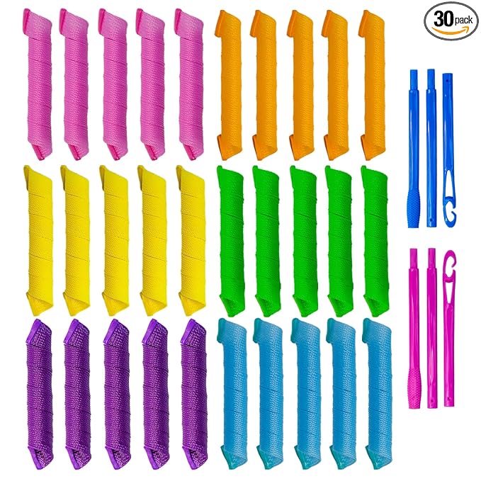 Spiral Hair Curlers (17.8 Inch) - No Heat Hair Rollers - 30 Pieces in Pink, Orange, Blue, Green, Yellow and Purple with 2 Styling Hooks