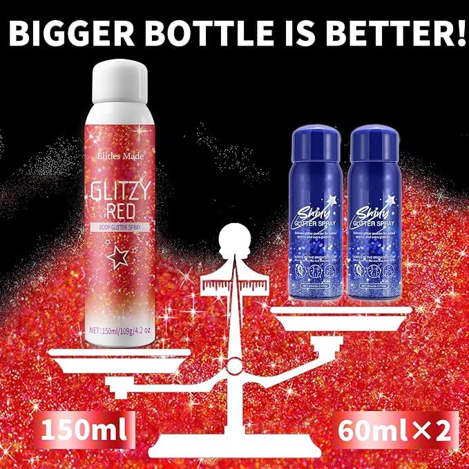 Hair Glitter Body Glitter Spray, 150ML Glitter Hairspray Holographic Red Glitter Spray for Hair and Body, Hair Glitter for Kids Women, Body Shimmer Festival Makeup 4.2 Fl Oz