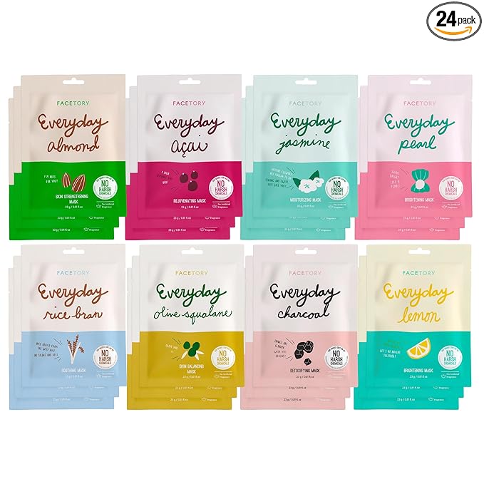 FACETORY K Beauty Face Mask Skin Care - EVERYDAY 8 COLLECTION Sheet Mask Set (24 pc) | Natural Premium Korean Face Mask For All Skin Types - No Sulfates No Parabens