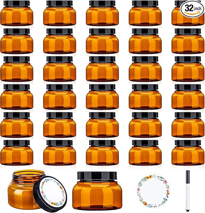 32 Pack 8 oz Plastic Sugar Scrub Containers with Lids, Body Butter Jars Amber Empty Refillable Round Cosmetic Containers for Creams,Lotions,Candy,Bath Salt,Gel
