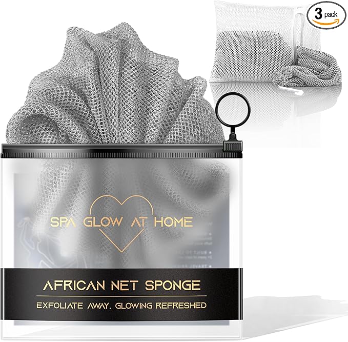 African Net Sponge - Deep Exfoliating Body Scrubber - Ultra Long African Net Sponge Reaches All Back Areas, Gently Buffs Away Dry Flaky Skin for a Renewed Feel, Home Spa Experience（Gray）