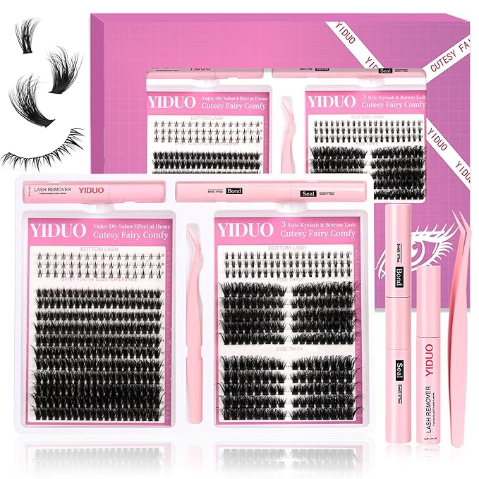 YIDUO 3 style Lashes Clusters Kit with Bottom Lash Cat-Eye Wispy Individual Faux Mink Fake Eyelashes, Volume Studio Effect, 498Pcs DIY False Eyelash Extensions with Bond and Seal|Removers|Tweezers