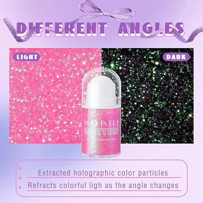 HOSAILY Roll-on Holographic Pink Body Glitter Gel for Face Hair, Chameleon Color Changing Glitter Gel Under Light, Chunky Mermaid Sequins Festival Party Rave Accessories Shimmer Halloween Makeup