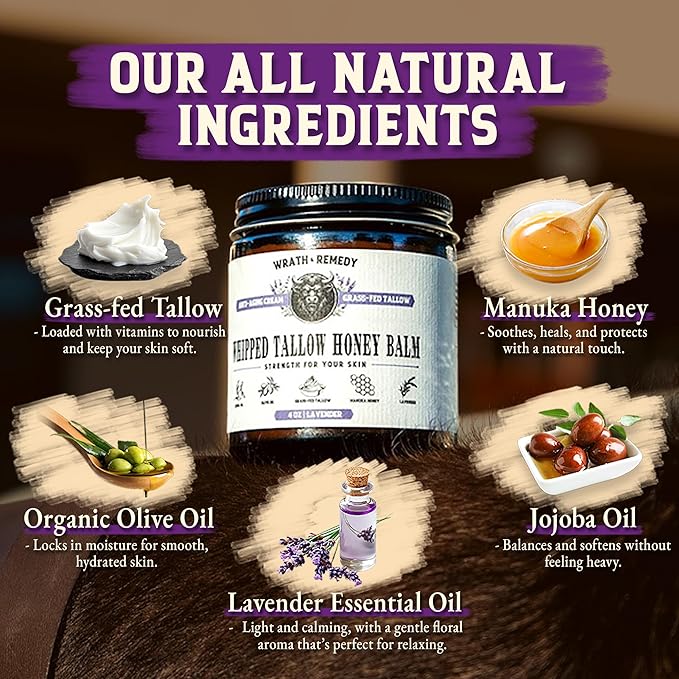 Organic Beef Tallow for Skin - 4 OZ (Lavender) — US-Made Grass Fed Beef Tallow for Face + Body — Whipped Tallow and Honey Balm Moisturizer for Dry and Sensitive Skin, Eczema, Rosacea (No Additives)