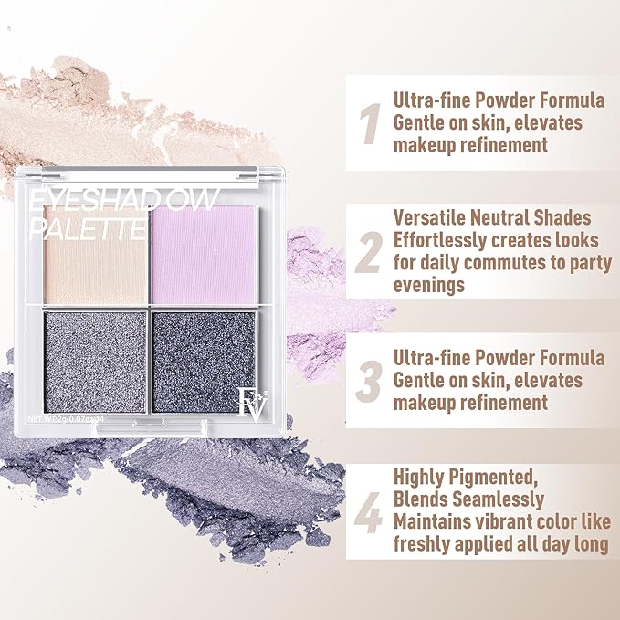 FV Natural Finish Eyeshadow Palette, 4 Matte & Metallic High Pigment Shades, Long-Lasting Eye Shadow Palette Makeup, Crease-Proof, Blendable Eye Makeup (Purple)