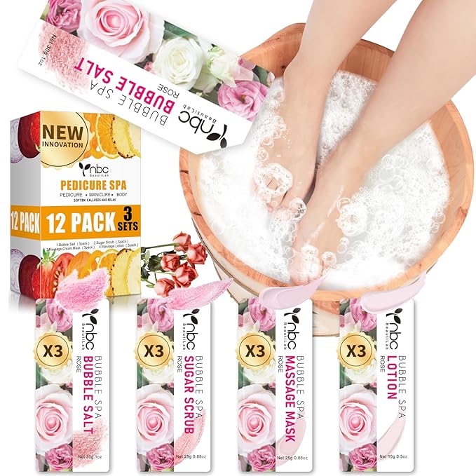 Pedicure Kit Foot Soak Set: Bubble Salt, Sugar Scrub, Massage Mask, Massage Lotion in a Box, 4 Step Foot Spa Kit for Dry Feet, Softens Calluses, Soothes Sore, Tired Feet（3 Set Rose