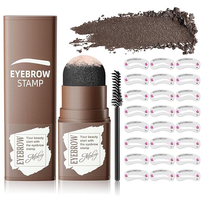 Eyebrow Stamp & Eyebrow Stencil Kit, Eye Brow Stencil Kits with Eyebrow Brush, Long-Lasting Waterproof & Smudge-Proof Eyebrow Shaping Kit with 24PCS Thin & Thick Eyebrow Stencils (Black Brown)