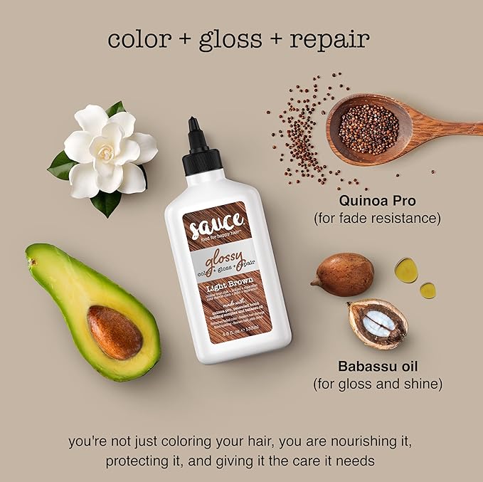 Sauce Beauty Glossy Color + Gloss + Repair, Light Brown, Semi Permanent Hair Dye with Bond-Building and Color-Fade Protection Technology, Adds Shine & Deep Moisture, Lasts 4-8 Weeks, Stops Fade
