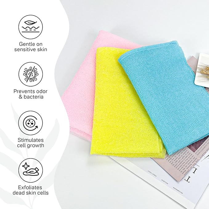 Yiclick Exfoliating Washcloth Towel, Exfoliating Body Scrubber, Back Scrubber for Shower Bath Washer, Japanese Exfoliating Wash Cloth, Korean Body Scrubber Exfoliator, Body Scrub Loofah Luffa Colors