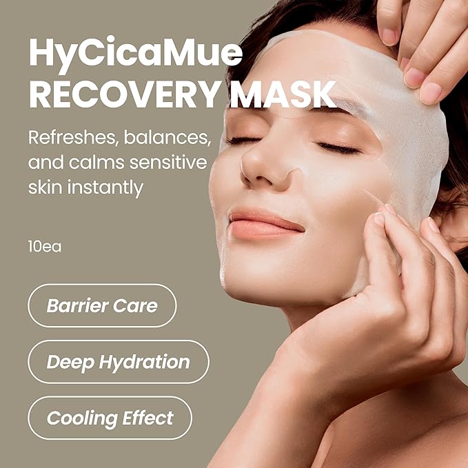 HyCicaMue Recovery Mask(10ea) | Soothing & Hydrating Sheet Masks for Sensitive Skin | Cica, Aloe Vera Leaf Extract, Hyaluronic Acid | Daily Calming & Moisture Barrier Care | Korean Face Mask