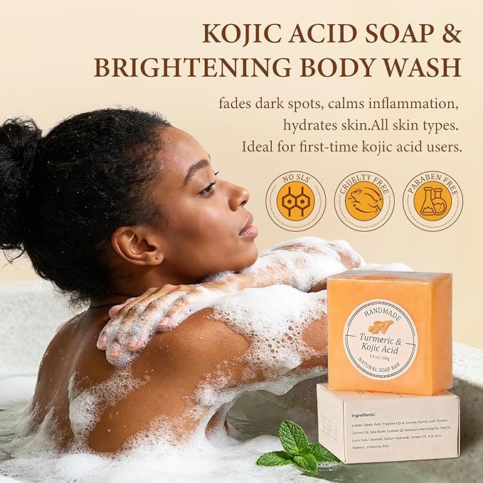 Kojic Acid Soap, Turmeric Soap Bar for Dark Spots, Brightening Face & Body Wash with Vitamin C, Tea Tree Oil & Shea Butter, Acne Scars, Hyperpigmentation & Even Skin Tone, 3 Pack