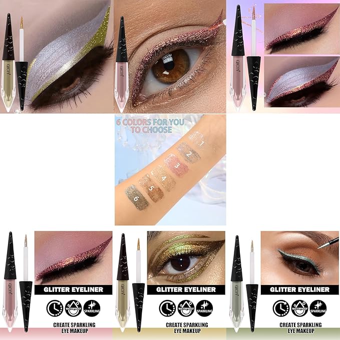 ADMD 6 Colors Liquid Glitter Eyeliner Set, Waterproof Shimmer Eyeshadow,Eyeliners Long Lasting Smudge Proof Makeup Kit