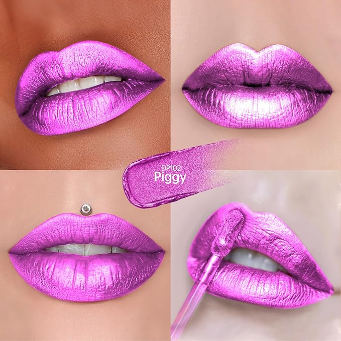 Depuplum Purple Lipsticks for Women Metallic Lipstick Long Lasting Shimmer Lip Gloss Metal Shine Glitter Waterproof Lipsticks Full Coverage Lip Color for Mother's Day,DP102 Piggy