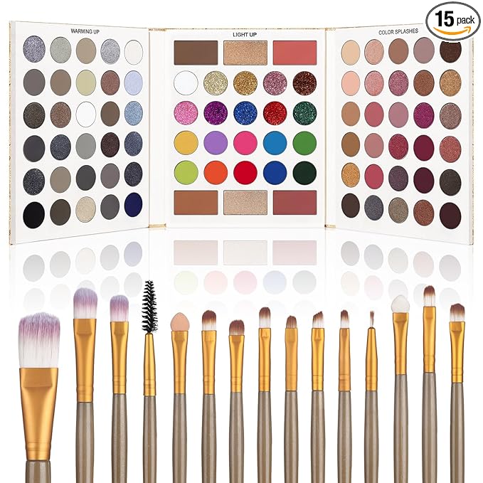 UCANBE Eyeshadow Palette with 15 Brushes Makeup Sets, Pigmented Eye Makeup Pallet Holiday Gift Set, Matte Smokey Rosy Neutral Glitter Eye Shadow Powder & Contour Highlight Blush All-in-One Make Up Kit