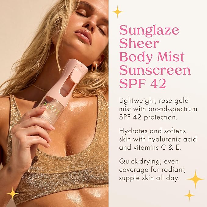 Kopari Rose Gold Sunglaze Sheer Body Mist Sunscreen SPF 42 & Sun Shield On-The-Glow Sheer Sunscreen Stick SPF 40