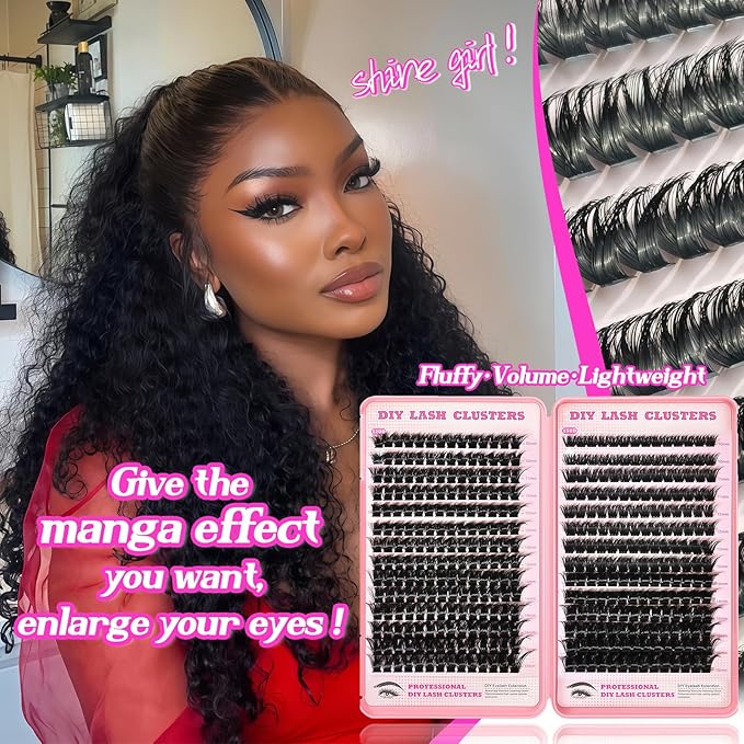 Manga Lash Clusters Kit, 392 Pcs Fluffy Eyelash Clusters Extensions 120D+150D D Curl Individual Wispy False Eyelashes Kit with Lash Bond, Lash Remover, Lash Tweezers, Lash Brush(Lash Clusters10-18mm)