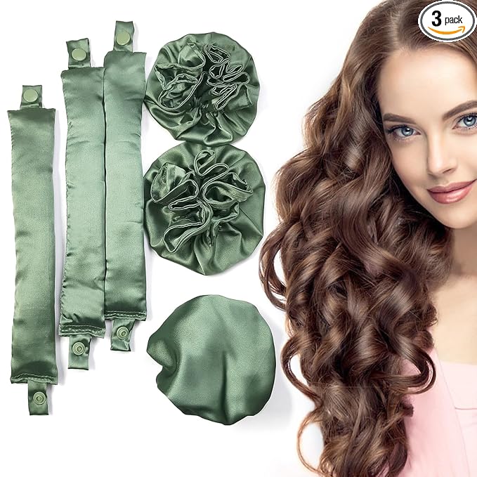 Satin Heatless Curling Set, Pillow Soft Rollers with Hair Caps, No Heat Rods Headband for All Hair Types (3Sets-Olive Green)
