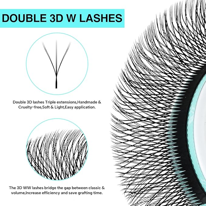 VAVALASH 3D Double Tips W Shape Eyelash Extension 3D WW Premade Fans 0.07 D Curl Volume Lash Extensions Easy Fanning False Lashes Matte Black Volume Premade Cluster W Lashes(WW-3D-0.07-D-8-15mm）
