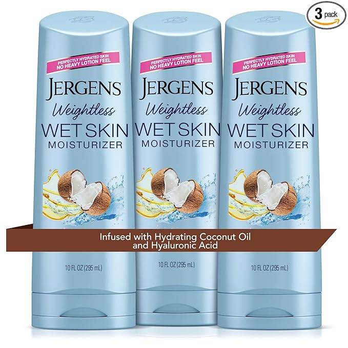 Jergens Wet Skin Body Moisturizer with Coconut Oil, In Shower Lotion for Dry Skin, Fast-Absorbing, Non-Sticky, Dermatologist Tested, 10 Oz, Pack of 3