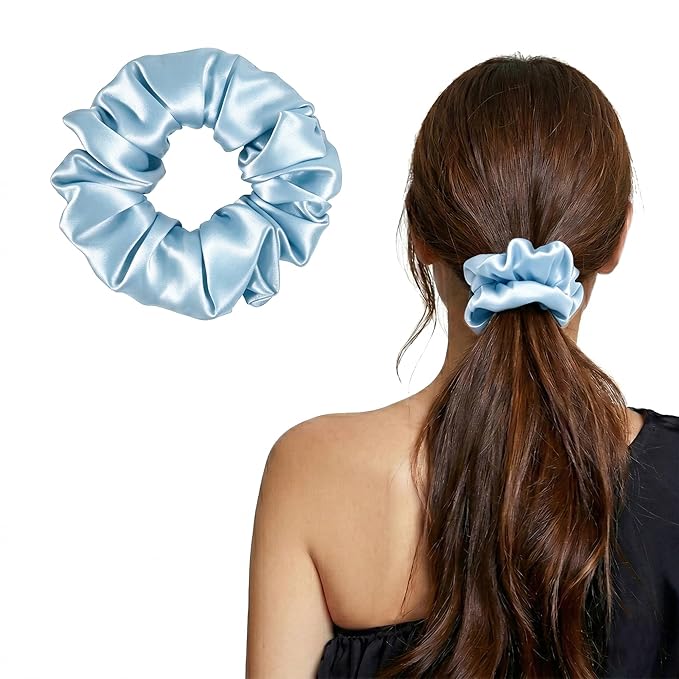 ZLYC 100% Mulberry Silk Scrunchie 19 Momme Gentle Creaseless Hair Tie for Women Dent-Free Ponytail Holder, 3.5cm Solid Dusty Blue