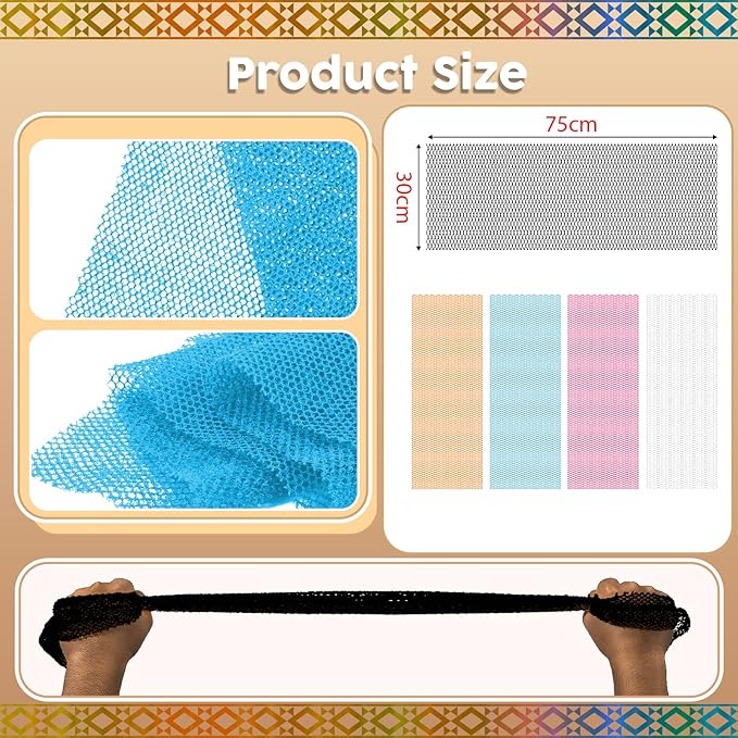 5 Pieces African Net Sponge – Deep Cleansing & Exfoliating Mesh for Glowing Skin – Stretchable, Quick-Dry Material for Daily Shower Use (Black, Blue, Pink, White, Orange)