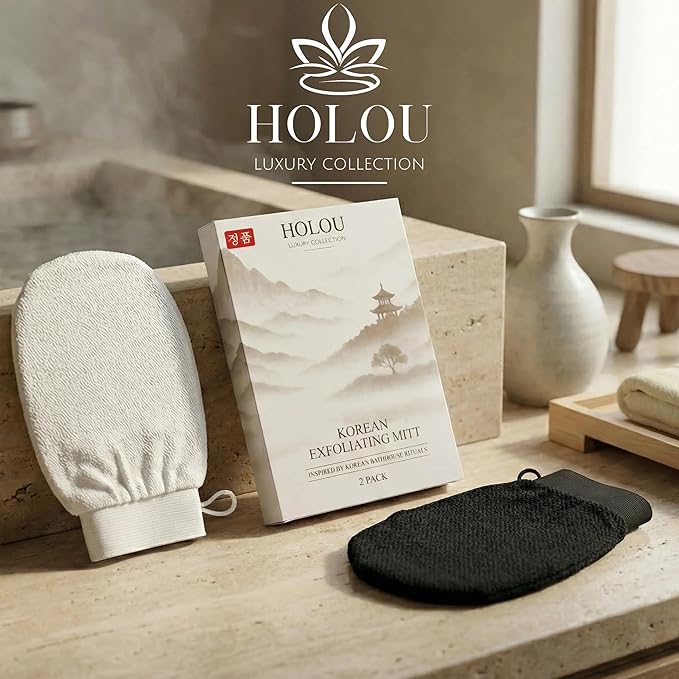 Korean Exfoliating Mitt & Exfoliating Glove 2 Pack – Dual Density Body Scrub Gloves & Dead Skin Remover for Body, Kessa Glove, Exfoliating Mitt for Body – Holou