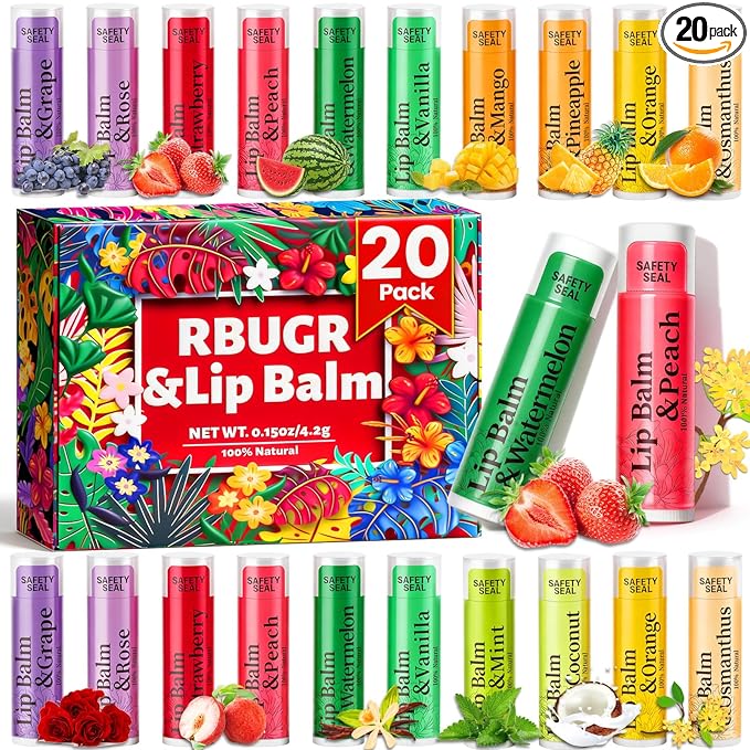 RBUGR 20 Pack Lip Balm Bulk- 12 Flavored Lip Balm Set Natural Moisturizing Hydrating for Dry Cracked Lips, Valentines Gifts for Women & Party Favors Mini Balm Pack (4.2g/0.15oz)