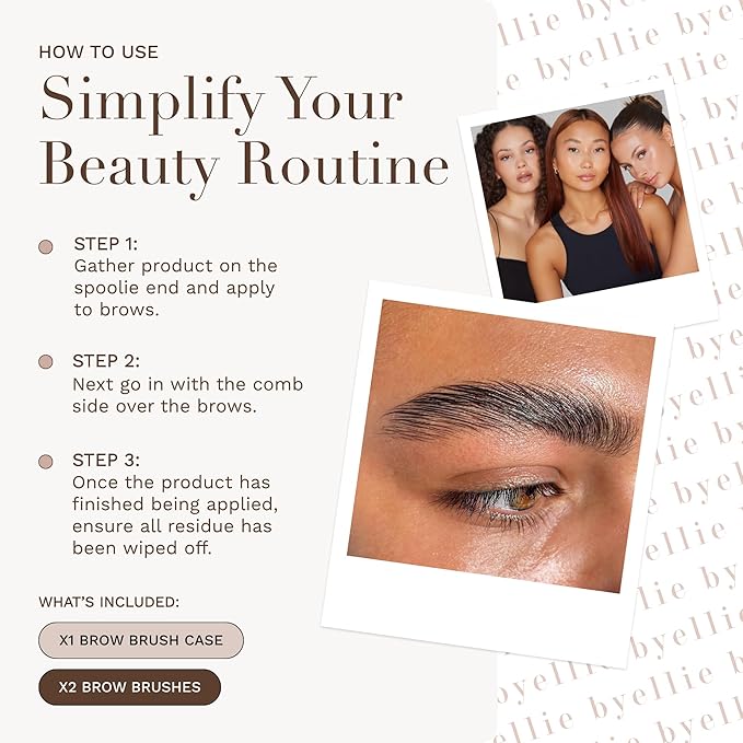 Byellie Brow Brush, Dual-Ended with Brow Comb & Precision Spoolie, Brow Gel & Wax Application, Define's & Shape's, Easy to Use Fluffy Brow Look, Natural Makeup, Vegan & Cruelty Free