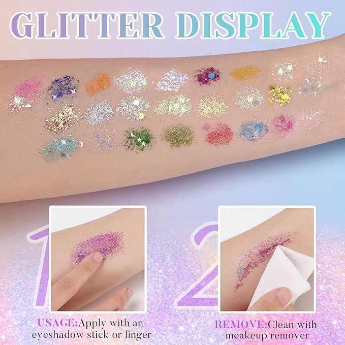 DAGEDA 25 Colors Body Glitter Palette, Face Hair Glitter Gel Holographic Chunky Sequins, Glitters Eyeshadow Body Shimmer Makeup for Rave Outfits Mermaid Accessories