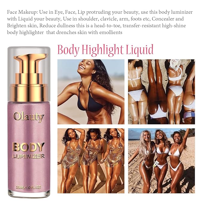 Firstfly Liquid Luminizer, Waterproof Moisturizing Light Shimmer Glow Illuminator for Face & Body, All In One Makeup Liquid Illuminator, Summer Body & Face Highlighter (#07 Rose Pink)