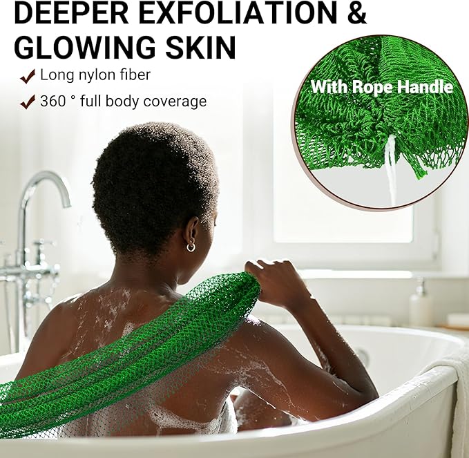 African Net Sponge Authentic for Exfoliating - Extra Knots for Deep Cleansing & Back Scrubbing - Body Scrubber Washcloth for Women & Men - Daily Shower Exfoliator for Smooth, Glowing Skin(Green)