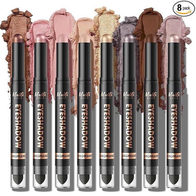 LANGMANNI 8Colors Dual-Ended Cream Eyeshadow Stick Set – Silky Smooth, Waterproof & Transfer-Proof, Built-in Blender Brush, All-Day Matte & Shimmer Wear Eye Makeup(#C)