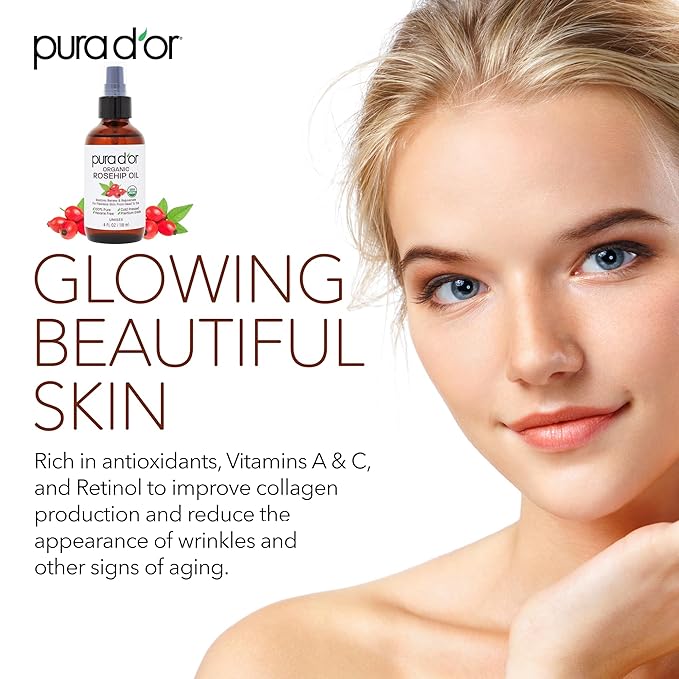 PURA D'OR 4 Oz ORGANIC Rosehip Seed Oil 100% Pure Cold Pressed USDA Certified Anti-Aging Youthful Look-Vitamin A & C Rich-Helps Fade Appearance of Scars & Stretch Marks - For Face, Hair & Body