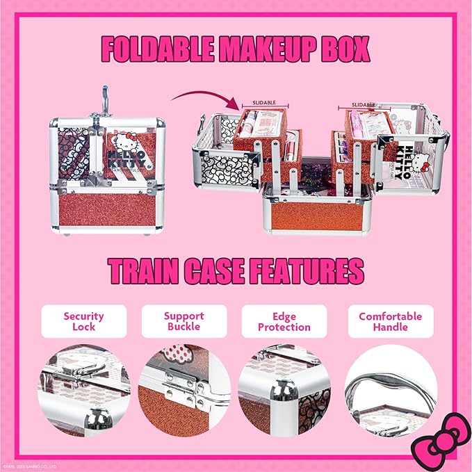 Hello Kitty Train Case Cosmetic Makeup Set Includes Lip Gloss, Eye Shimmer, Nail Polish, Hair Accessories & More! For Girls, Ages 6+ Perfect for Parties & Makeovers by Townley Girl