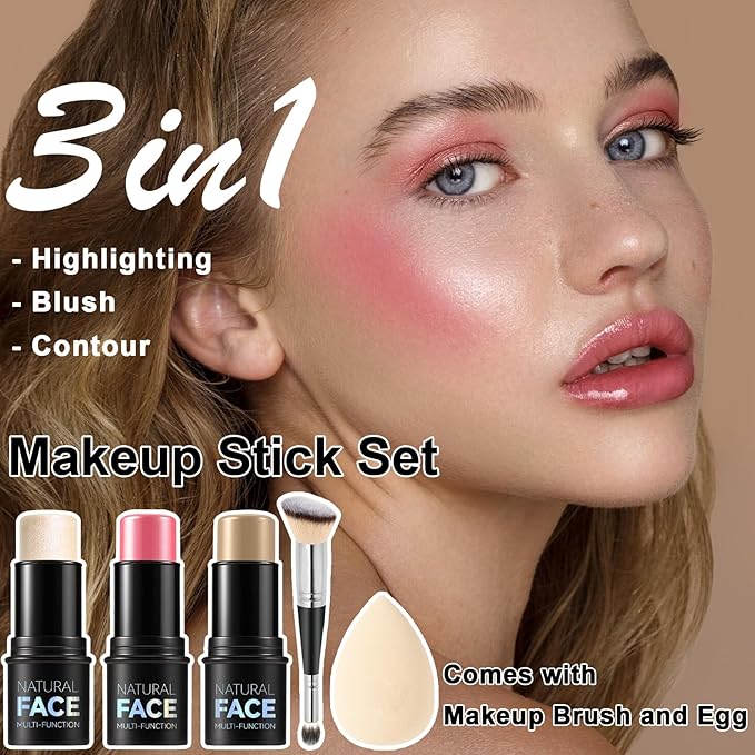 3Pcs Cream Contour Stick Makeup Kit, Shades with Highlighter, Blush and Bronzer Contour Stick for Sculpt the Cheeks, Long Lasting, Waterproof, Matte & Dewy Finish (E)