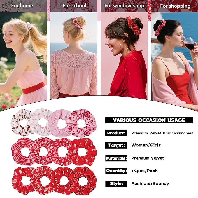 12 Pcs Scrunchies for Women, Charming Pink Scrunchies for Girls, Cute Elastic Hair Bands Hair Ties, Perfect for Romantic Valentine's Day Gifts(Sweetheart Pink)
