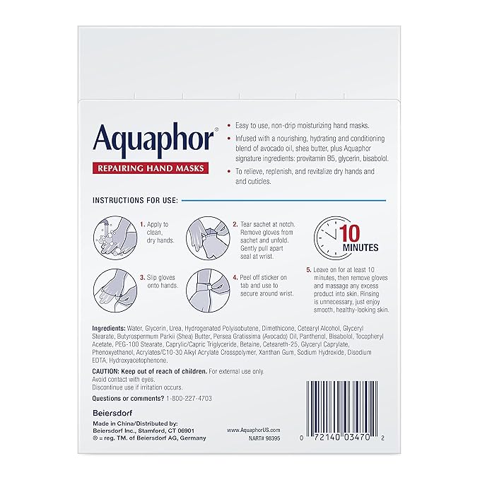 Aquaphor Repairing Hand Masks, Moisturizing Gloves for Dry Hands, Moisturizer for Dry Skin with Avocado Oil and Shea Butter, Pack of 18
