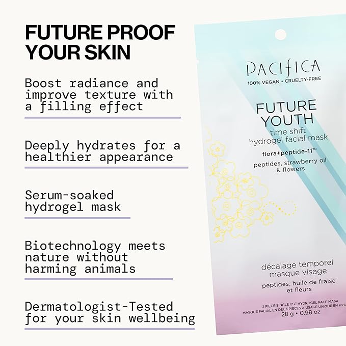 Pacifica Future Youth Time Shift Hydrogel Facial Mask, Multi-Peptide Anti-Aging Sheet Mask for Firming & Plumping, Ultra-Hydrating Serum-Infused Mask for Face & Neck, 100% Vegan