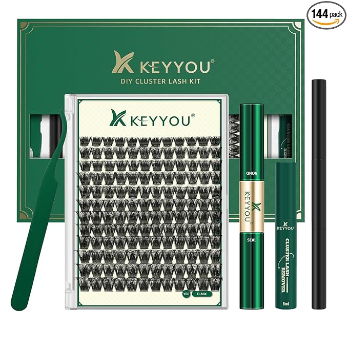 KEYYOU Lash Clusters Kit 144pcs Thick Volume D Curl Eyelash Clusters Lash Extension Kit with Mascara Brush Bond and Seal Glue Remover Applicators and Brush for DIY Lash Extensions (Y02)